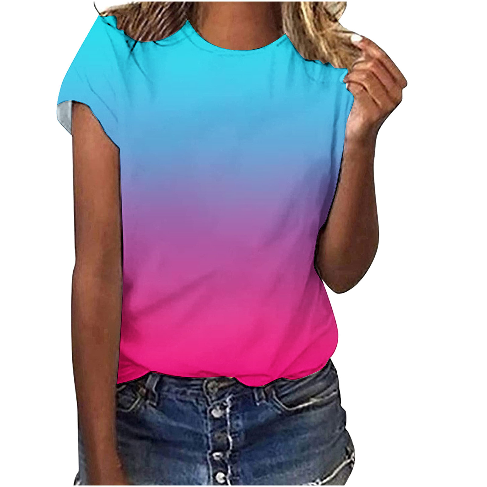 ameIAEA Womens Short Sleeve Round Neck Lightweight Tshirts Gradient Color Casual Loose Athletic Tops